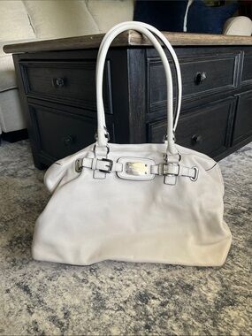 Michael Kors Cream Leather Double-Handle Satchel with Silver Hardware
